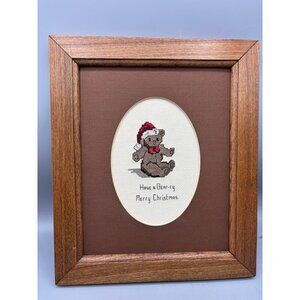 Vtg Handmade Cross Stitch Have a Beary Christmas‎ Framed Art